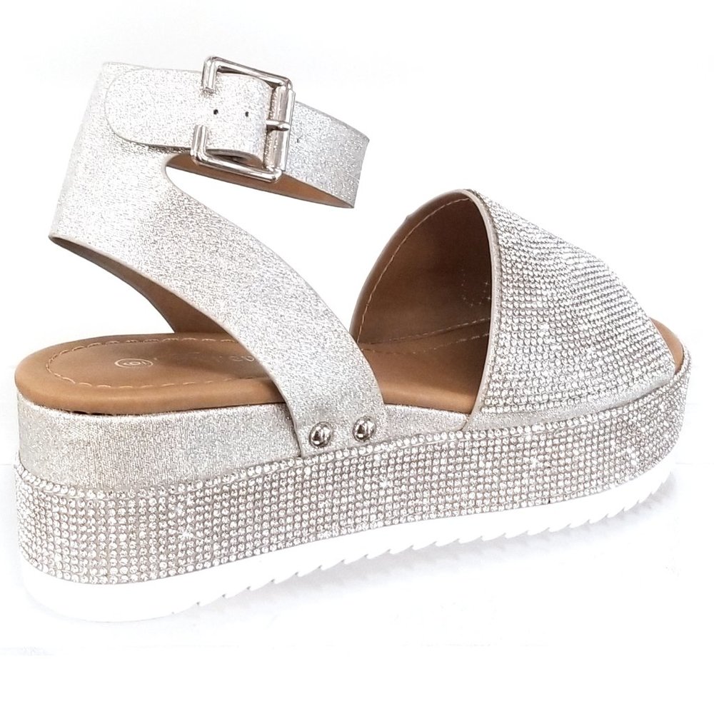 New Silver Rhinestone Flatform Wedge Sandals - Picture 3 of 3